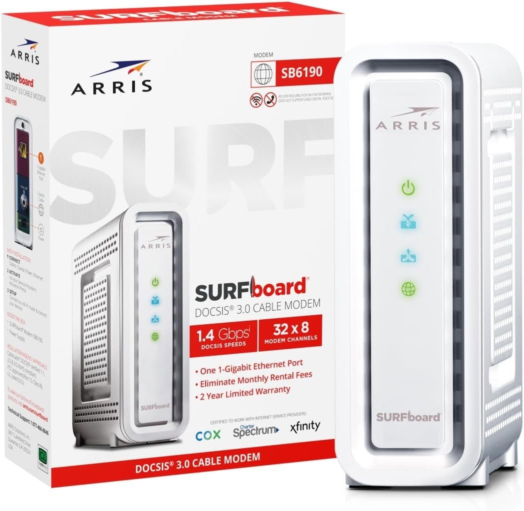 ARRIS SB6190 Cable Modem DOCSIS 3.0 32x8 Gigabit Ethernet