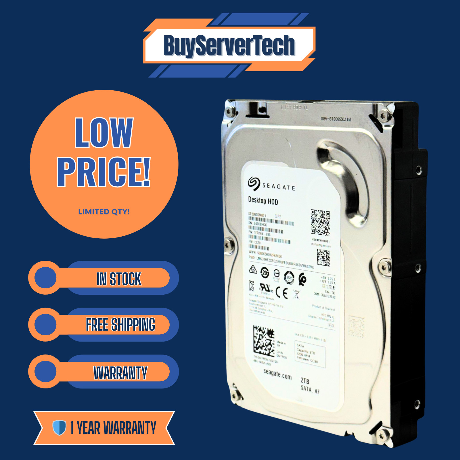 Seagate ST2000DM001 2TB 7200RPM 64MB 3.5" SATA HDD | Desktop Drive | 0HRS | 1YR