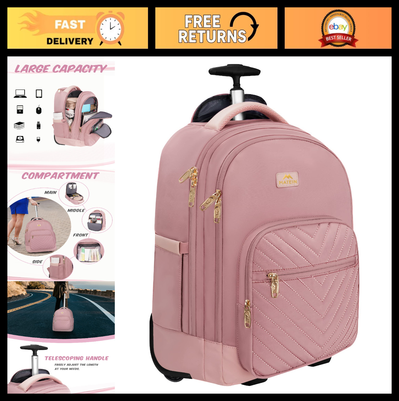 Rolling Laptop Backpack with Wheels, 17" Waterproof Trolley Bag for Travel, Coll