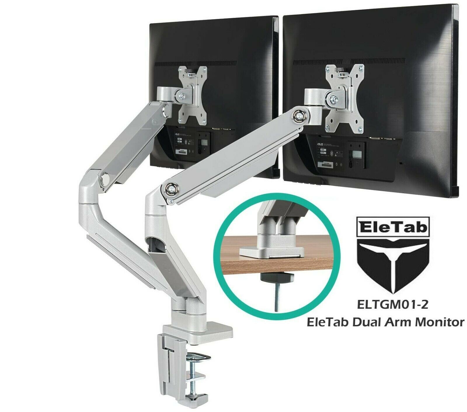 EleTab Dual-Arm Monitor Desk Arm ELTGM01-2 Stand Adjustable w/ VESA mounts LM10