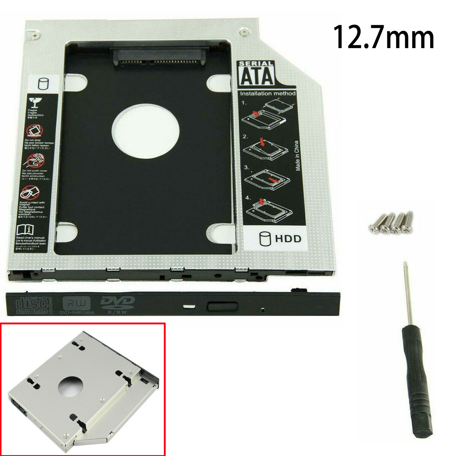 12.7mm Universal for SATA 2nd HDD SSD Hard Drive Caddy CD/DVD-ROM Optical Bay