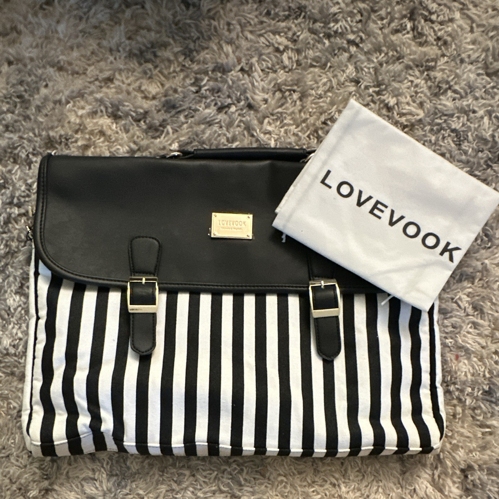 LOVEVOOK Black & White Striped Briefcase Laptop Bag with Shoulder Strap