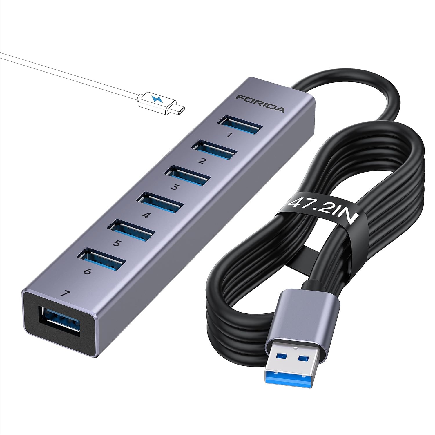 47.2in Gray Aluminum 8-Port USB 3.0 Hub with 7 USB 3.0 Ports Long Cable USB