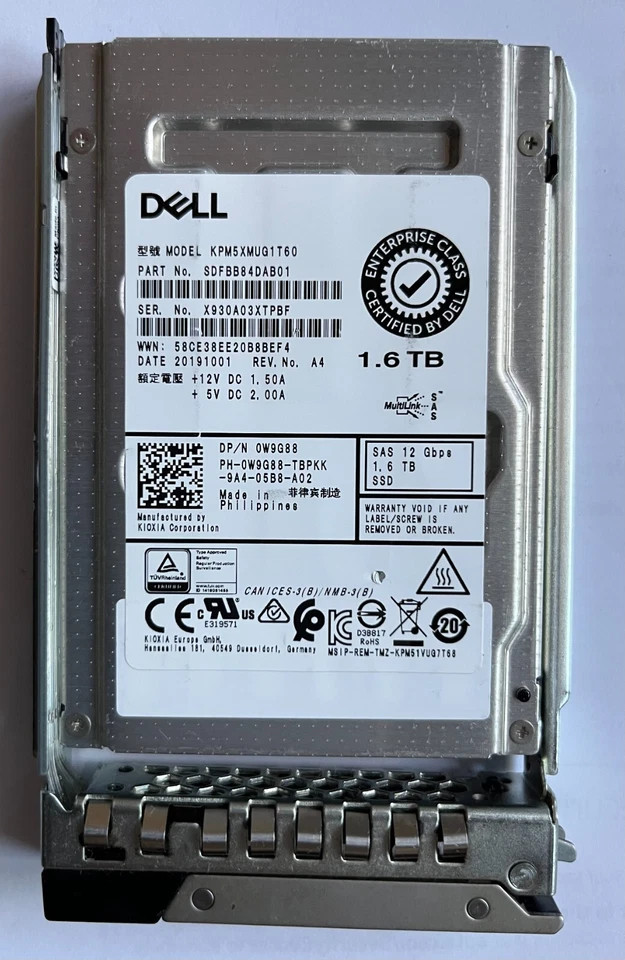 W9G88 0W9G88 DELL KIOXIA KPM5XMUG1T60 1.6TB SAS 2.5" 12Gb/s SSD MU R640 R740