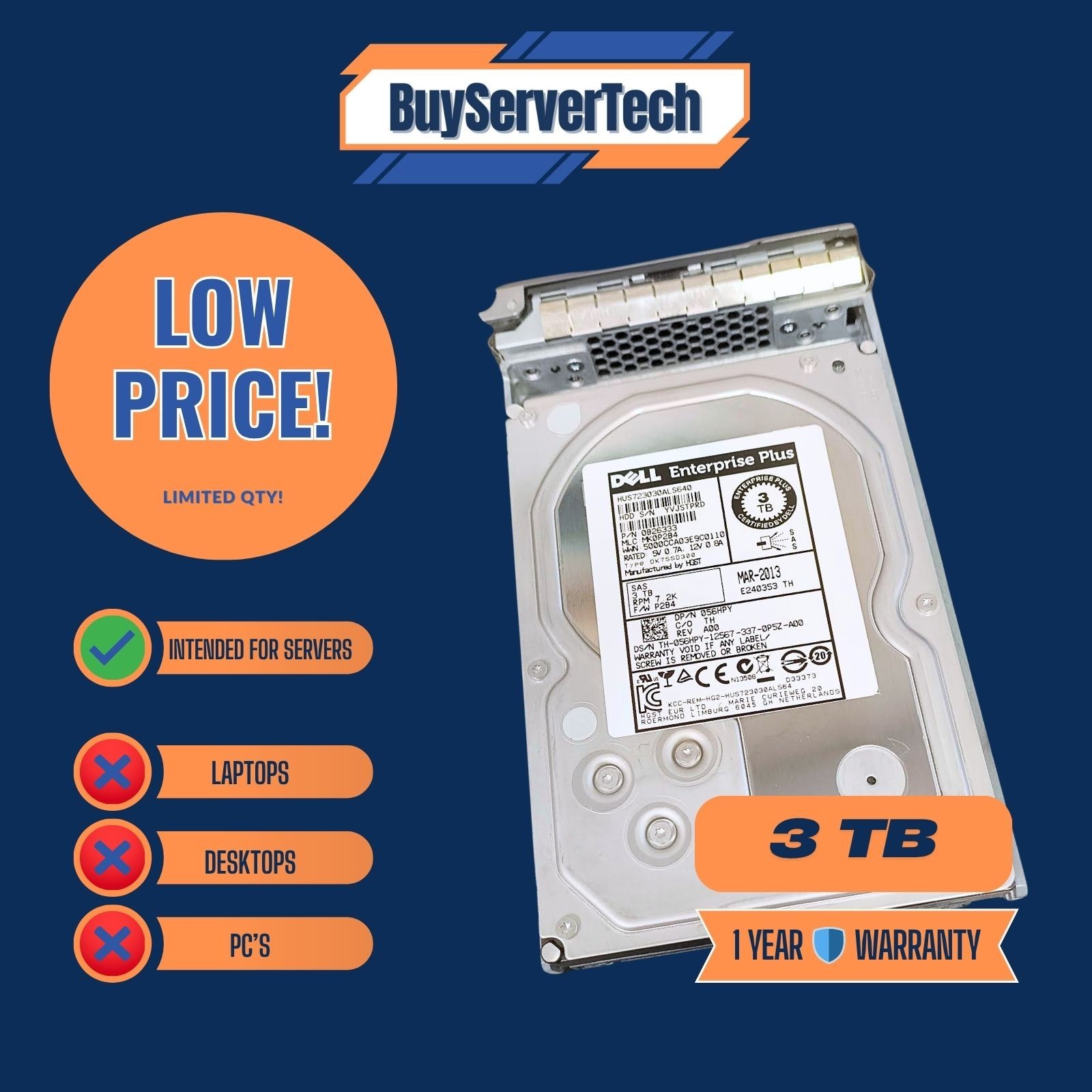 56HPY DELL Enterprise Plus 3TB SAS 7.2K 3.5IN HARD DRIVE HUS723030ALS640