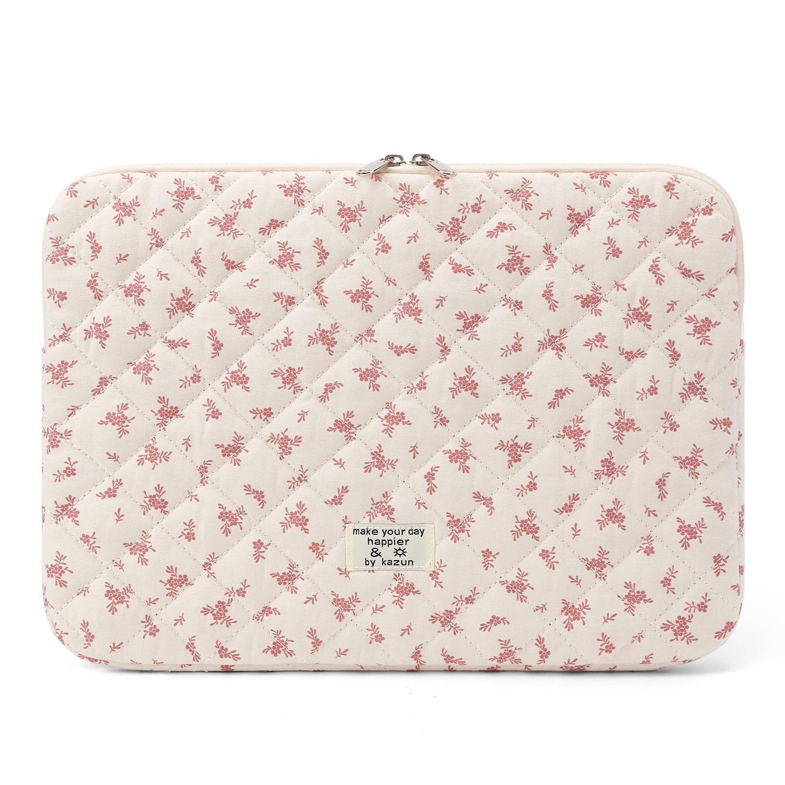 13 Inch Puffy Laptop Sleeve Cute Quilted Padded Floral Computer Case Pink