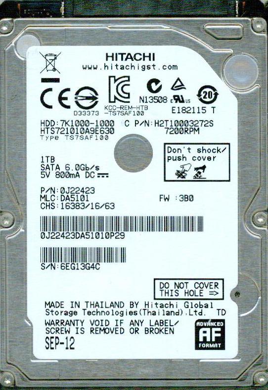 HTS721010A9E630,  MLC: DA5101 PN: 0J22423   HITACHI SATA 1TB 