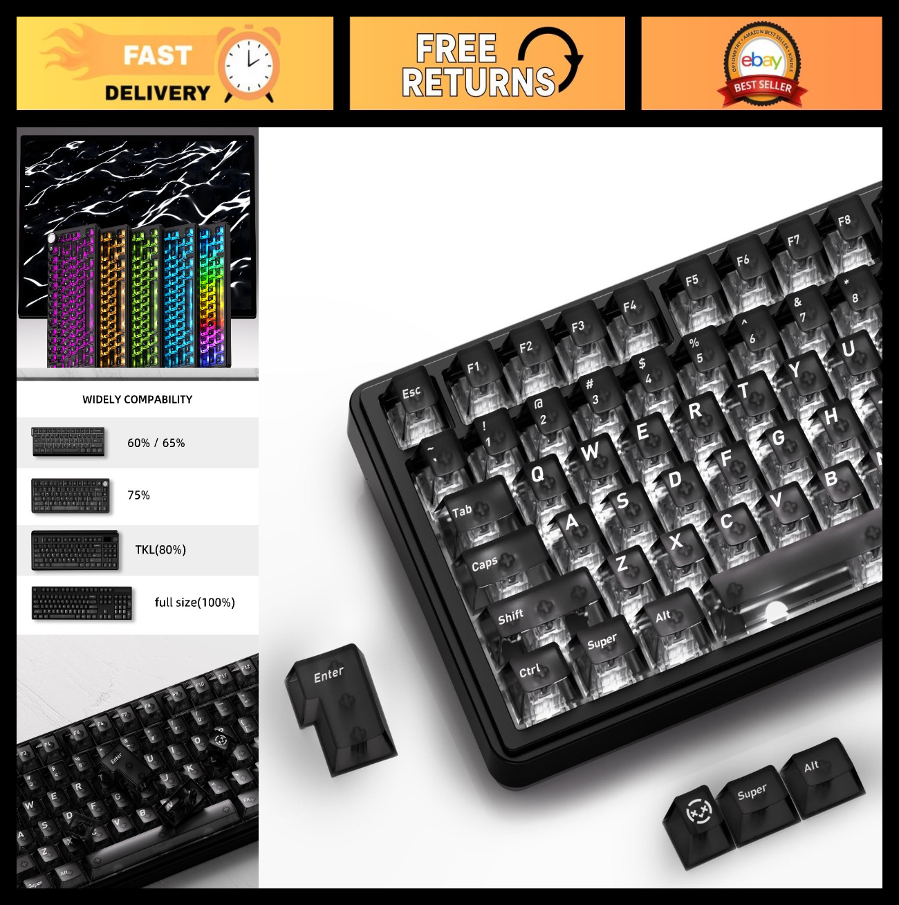 Transparent Black Keycaps Set for MX Switches - 119 Keys, Cherry Profile, Shine