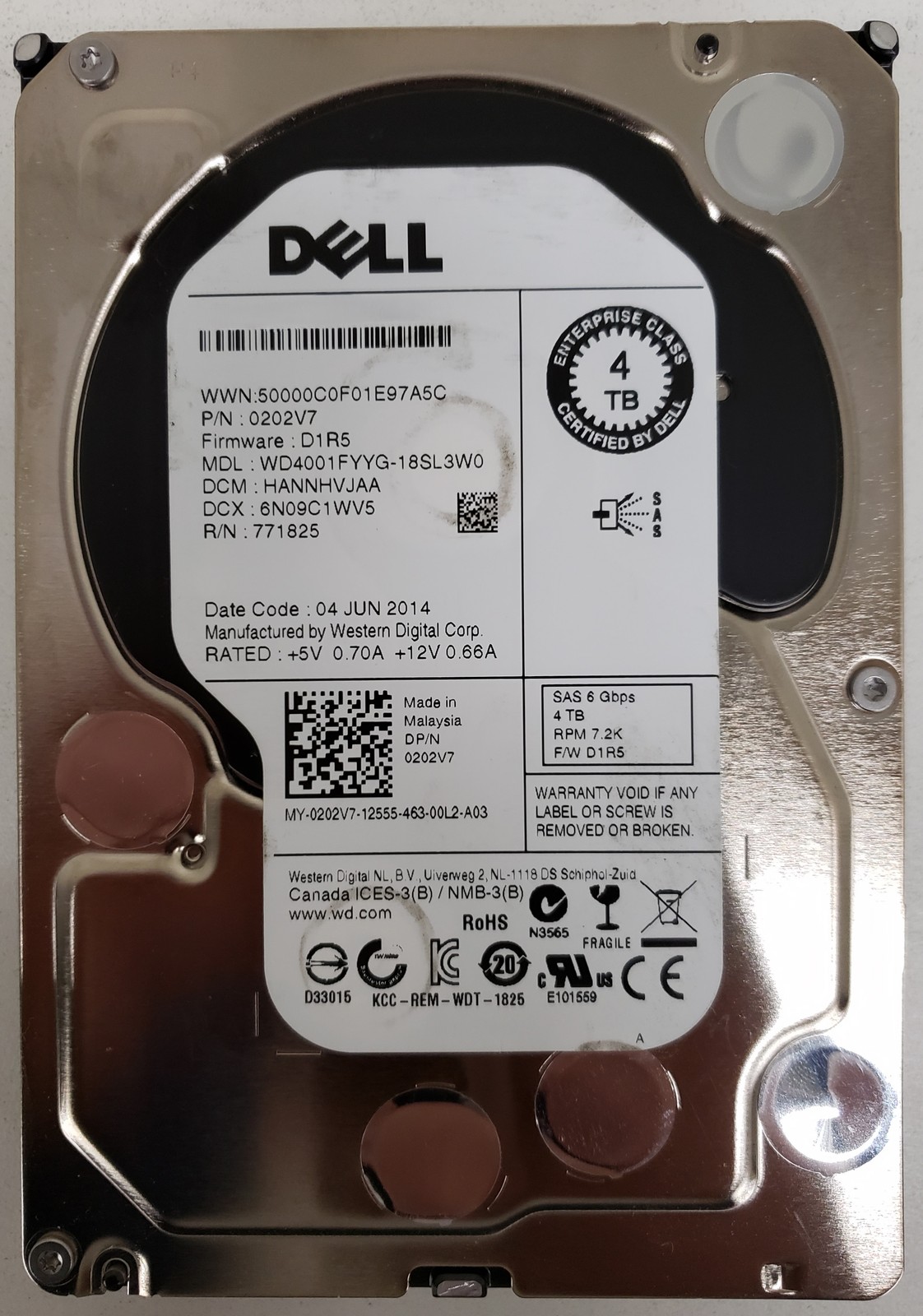 Dell WD4001FYYG 4TB 3.5" 6Gb/s SAS 7200RPM Enterprise Hard Drive P/N: 0202V7
