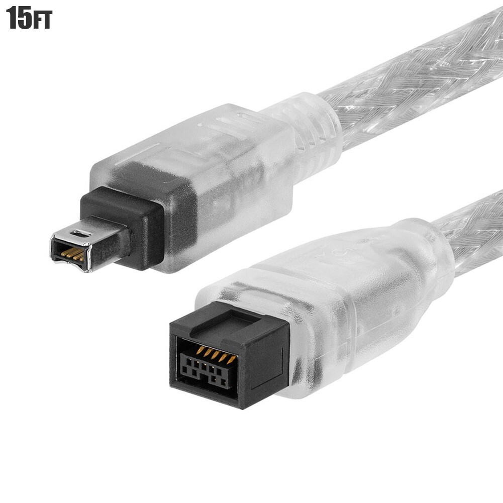 15FT Firewire 800 9-Pin Male to 400 4 Pin Male IEEE 1394 iLINK DV Cable Clear