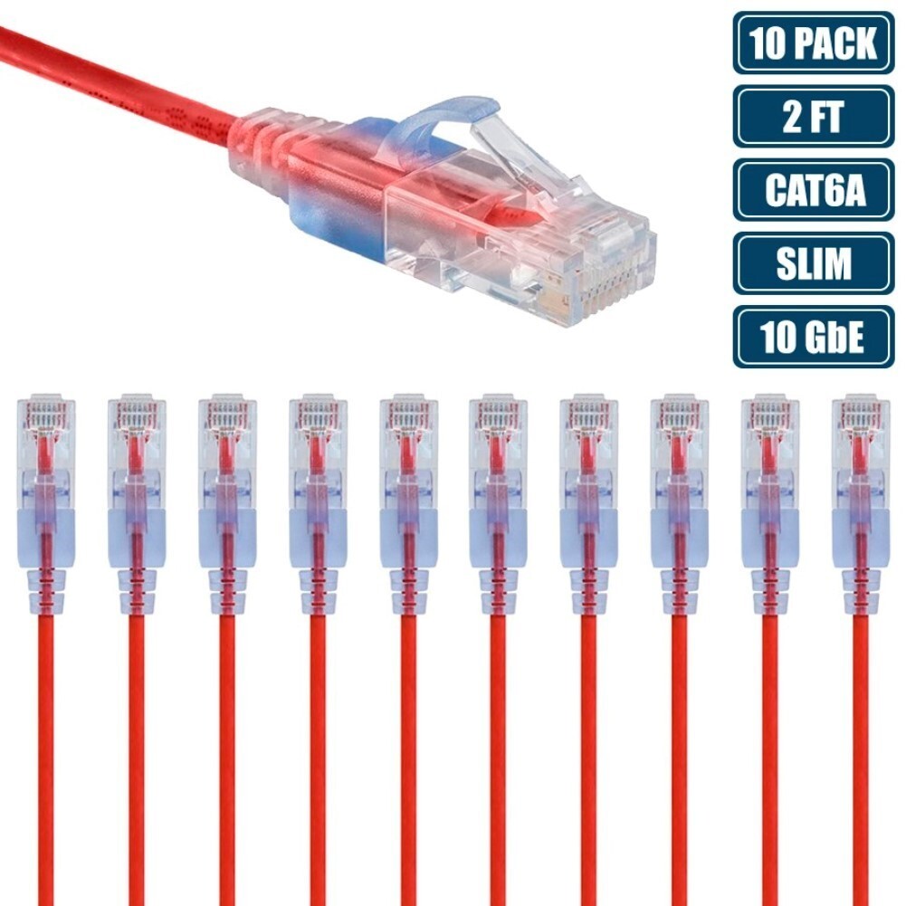10 Pcs 2FT Slim CAT6A RJ45 Ethernet LAN Network UTP Patch Cable Cord 30AWG Red