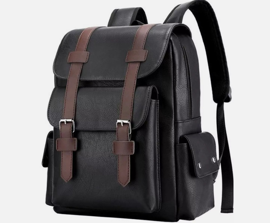 Mens Stylish PU Leather Laptop Backpack 14"" Travel Black