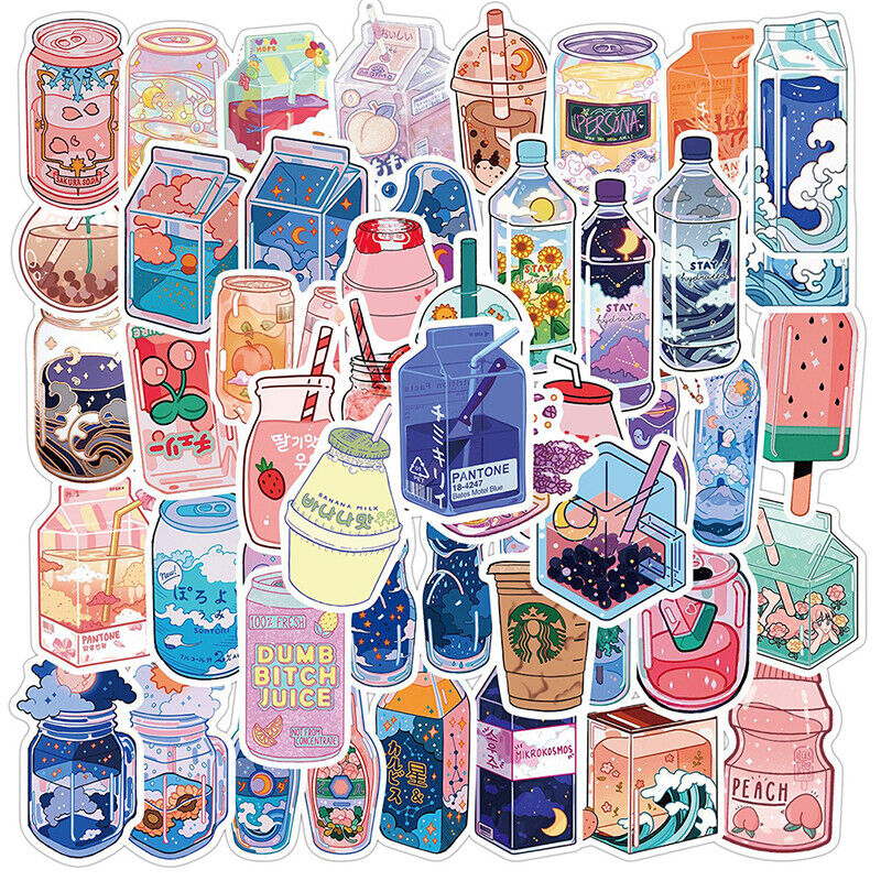 50Pcs Summer Flavored Drink Stickers PVC Kawaii Cartoon Beverage Decal Stick.AM