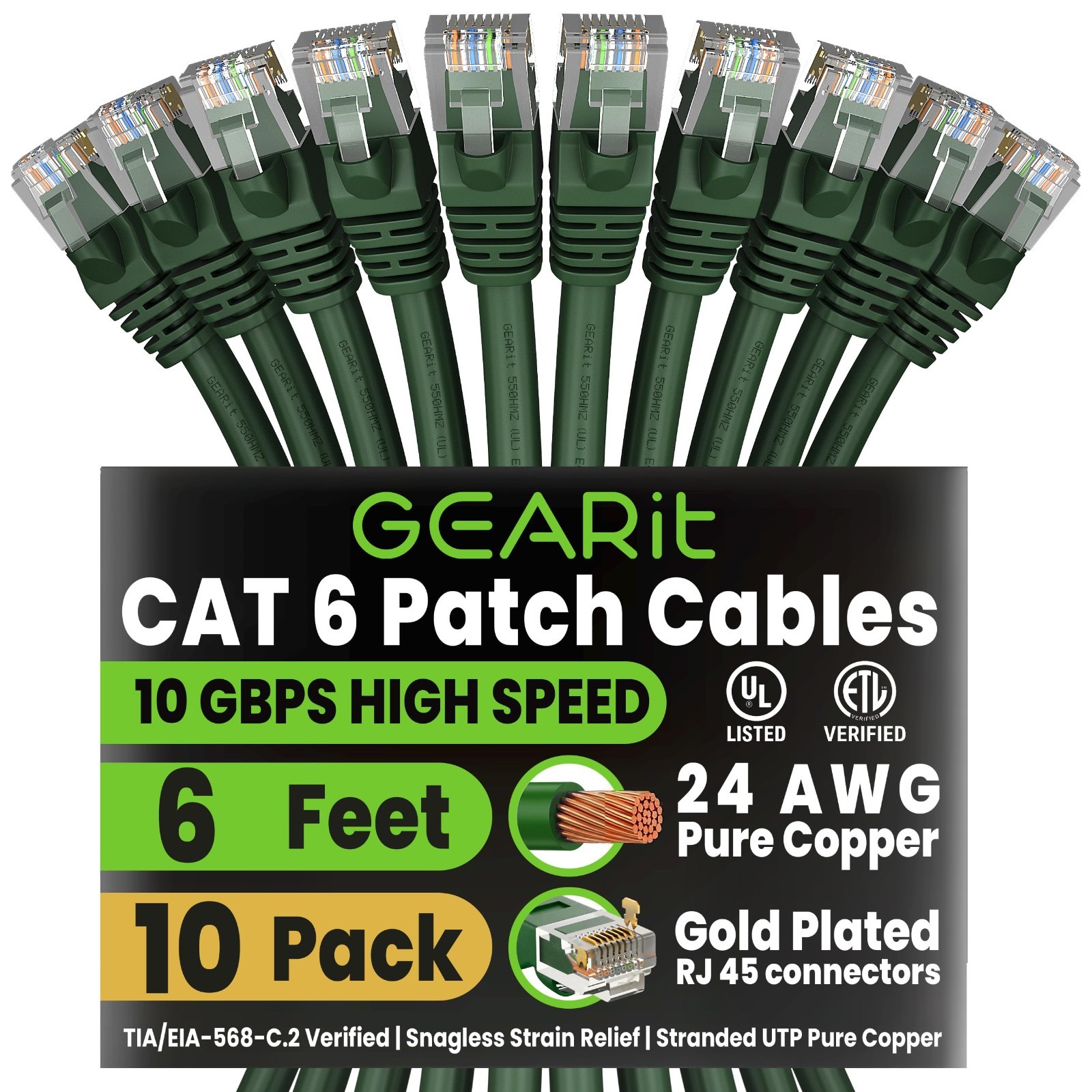 Cat6 Ethernet Cable 6ft - 10-Pack Green Patch Cables for High-Speed Networking