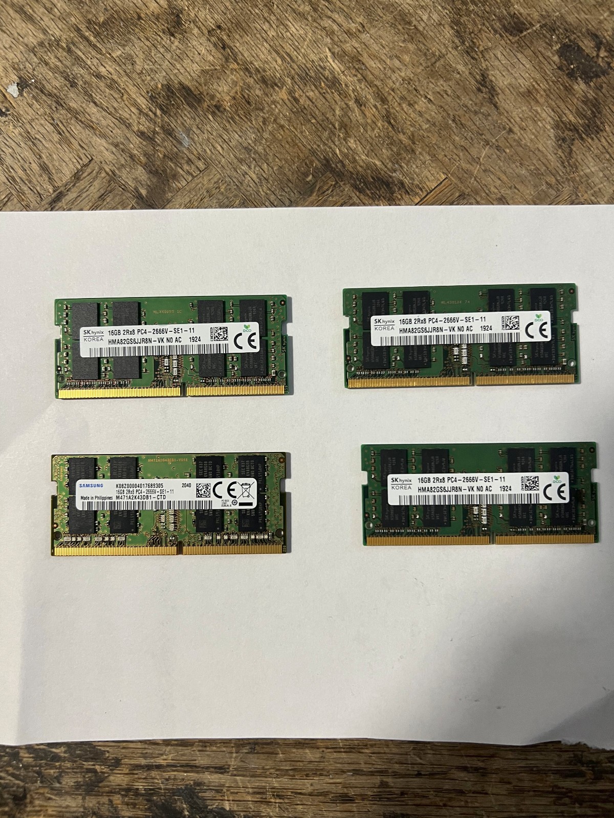 LOT OF 4 SK HYNIX(3),SAMSUNG(1) 16GB 2Rx8 PC4-2666V SODIMM RAM