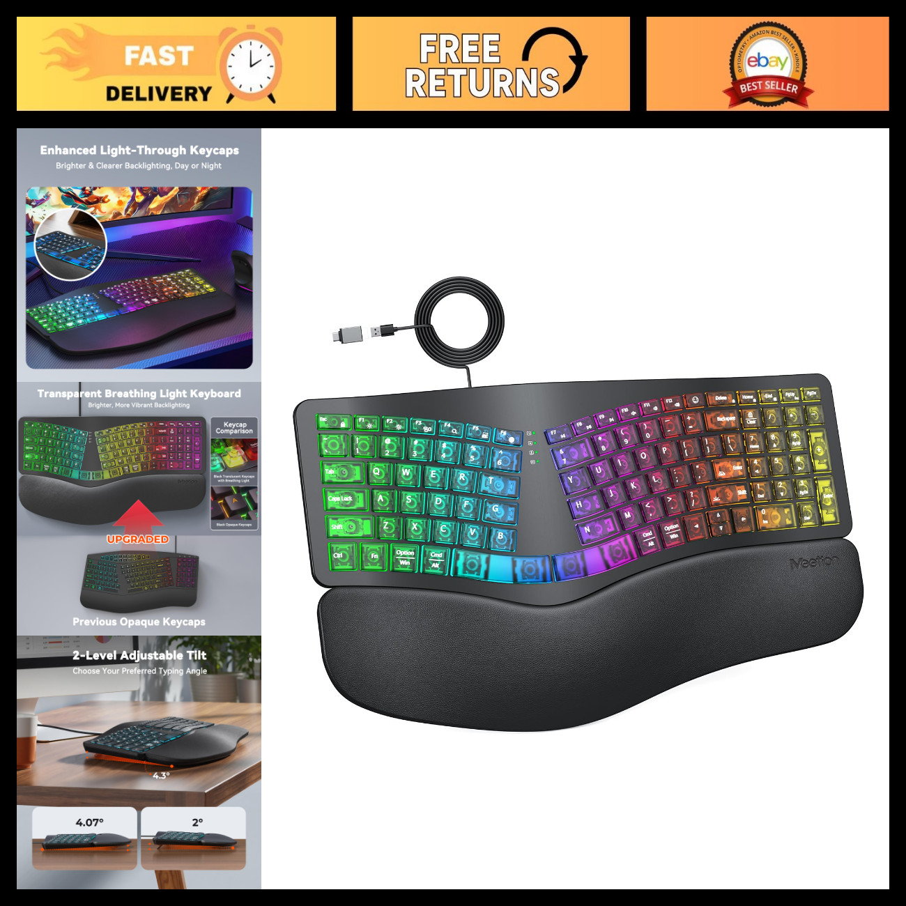 Ergonomic Wired Backlit Keyboard with Wrist Rest - Comfortable Typing, Black