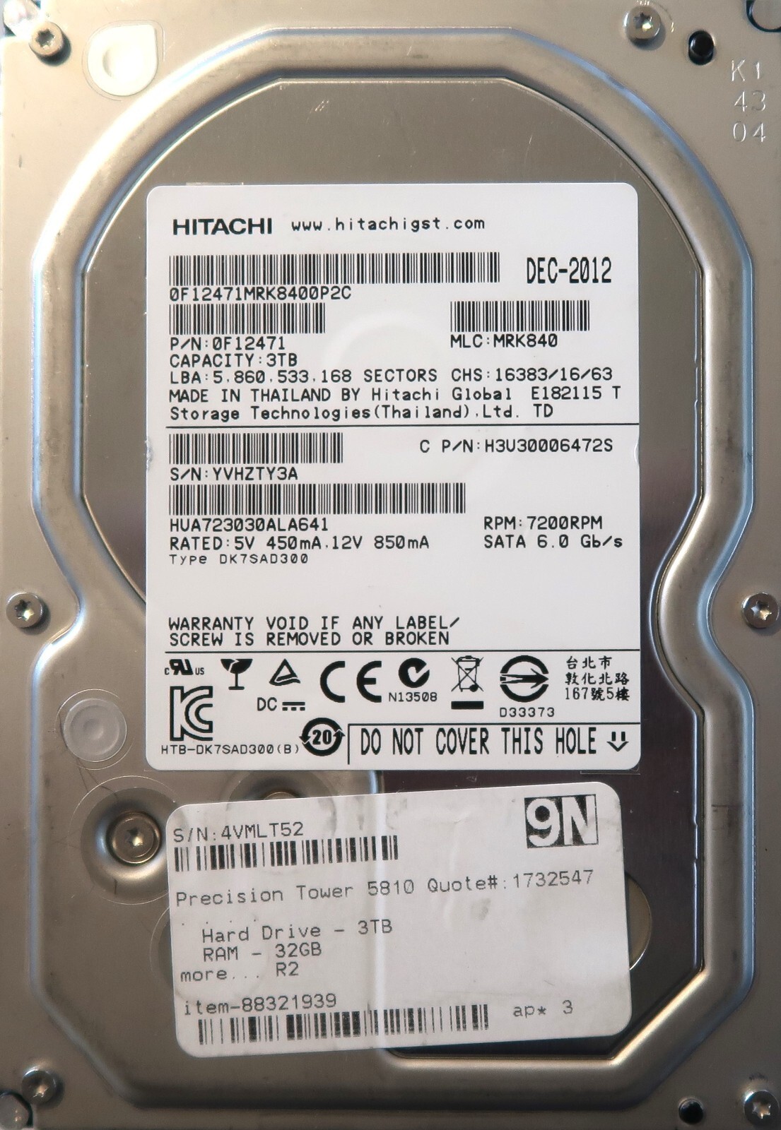 Hitachi HUA723030ALA641 PN:0F12471 MLC:MRK840 3000gb 3.5" Sata DEC-2012