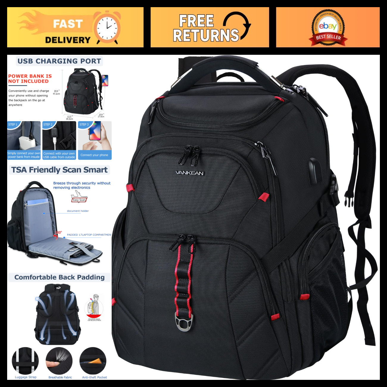 17.3'' Travel Laptop Backpack, Water-Resistant, Multi-Compartment, Durable Desig