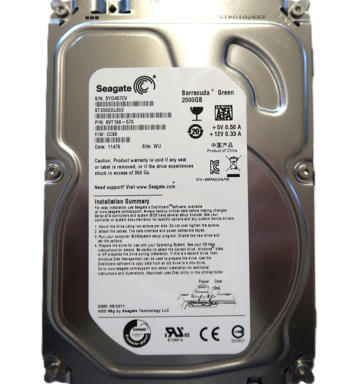 ST2000DL003 PN: 9VT166-570 FW: CC98 Site: WU China (5YD4) 3.5" 2TB Sata 05/2011