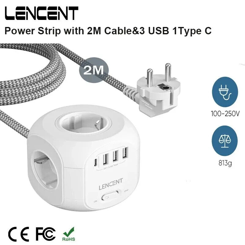 LENCENT EU Plug Power Strip with 4 AC Outlets 3 USB Port 1 Type C 2M Cable