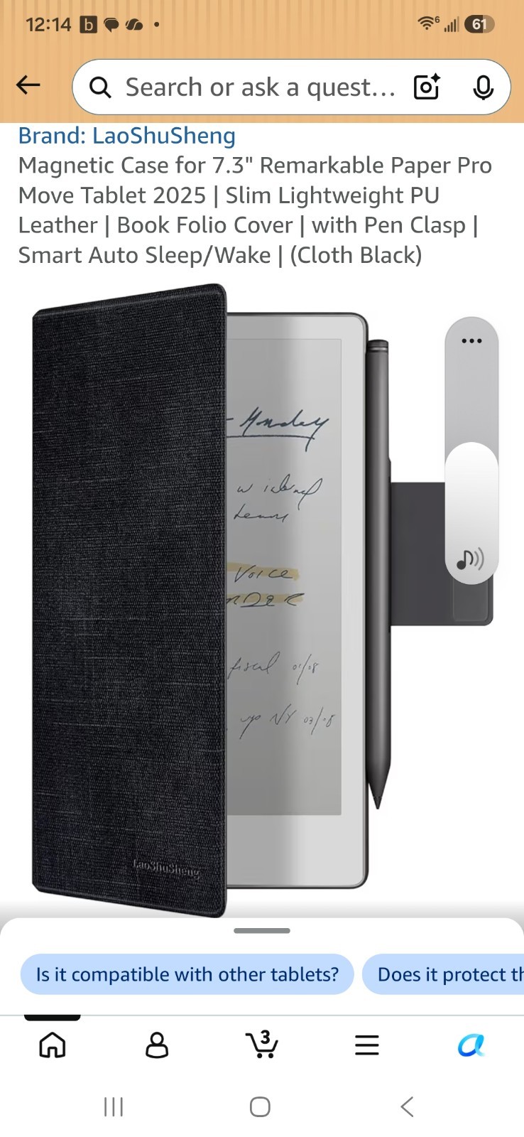 LaoShuSheng Magnetic Slim Folio Case PU Leather Black for Remarkable 7.3in