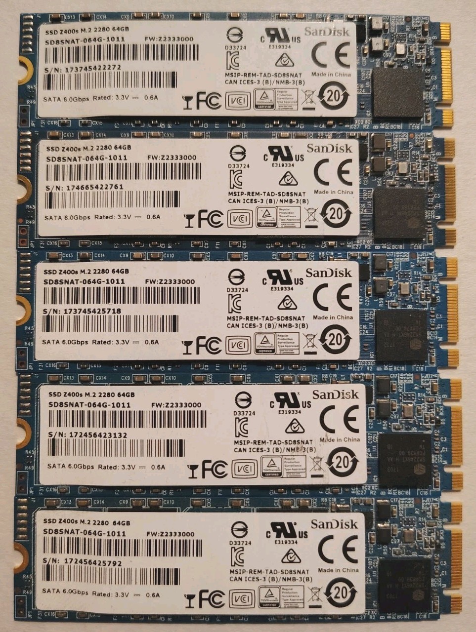 Lot of 5 - SanDisk SSD Z400s M.2 2280 64GB SATA 6.0Gbps SD8SNAT-064G-1011 SSD