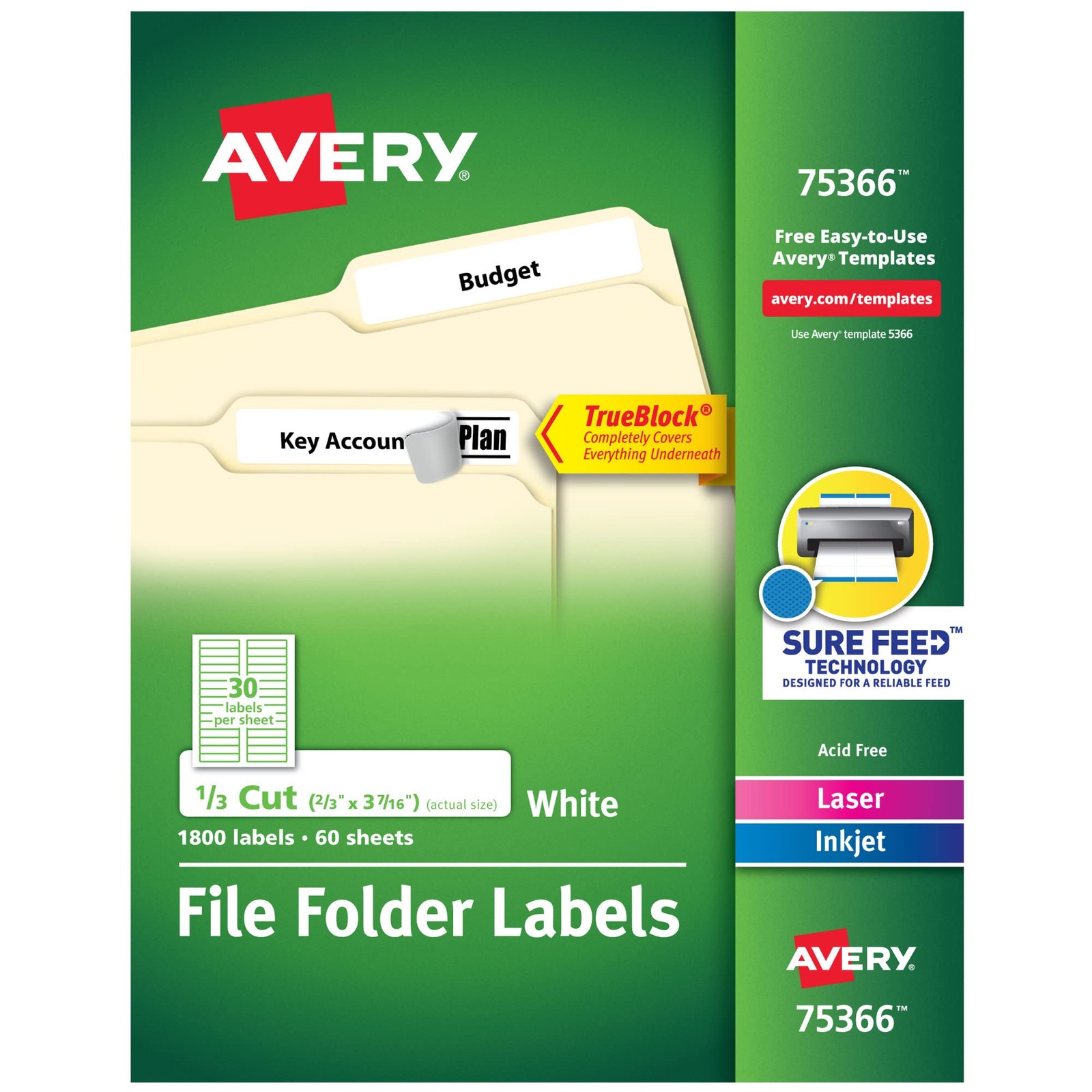 Avery TrueBlock File Folder Labels, 2/3" x 3-7/16", 1,800 Printable Labels, Whit
