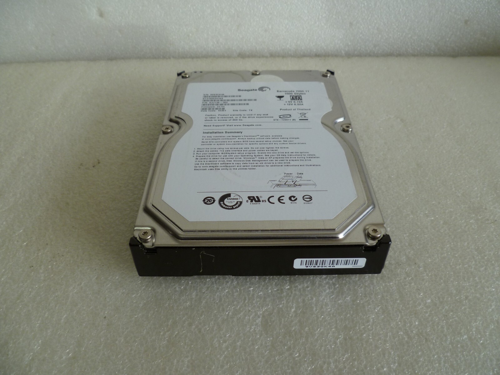 SEAGATE ST31500341AS 1.5TB SATA HARD DRIVE P/N: 9JU138-302 F/W: CC1H