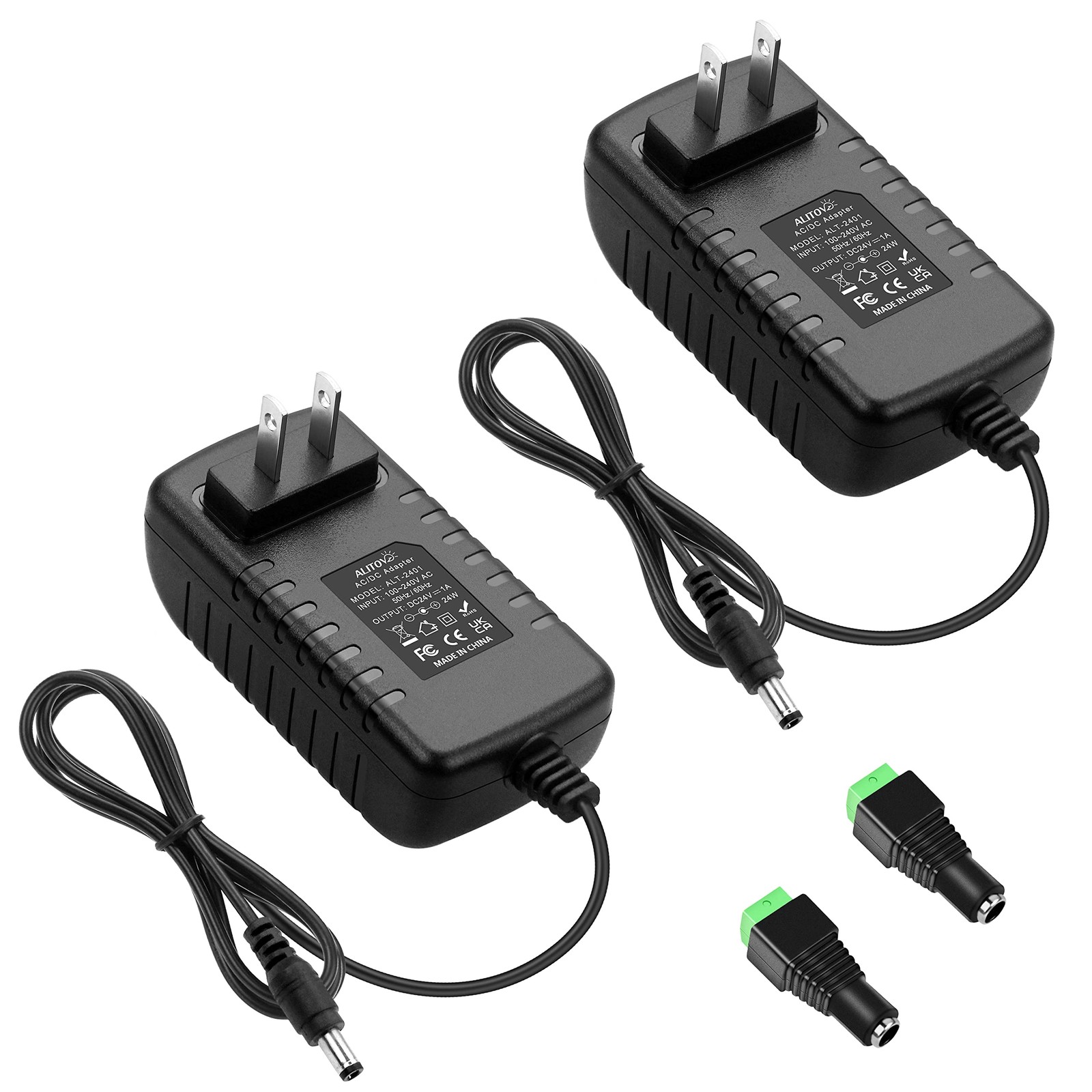 ALITOVE 24V 1A Power Supply Adapter 4.92Ft Cord 100~240V AC to 2 Pack, Black 