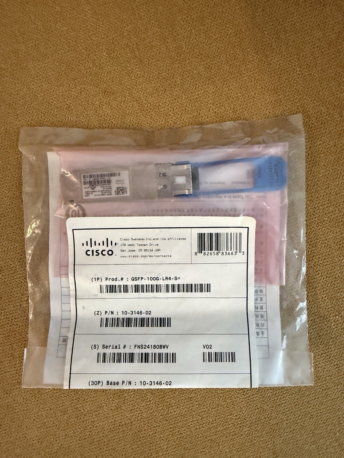 Cisco QSFP transceiver  Module QSFP-100G-LR4-S 10-3146-02 Connector 