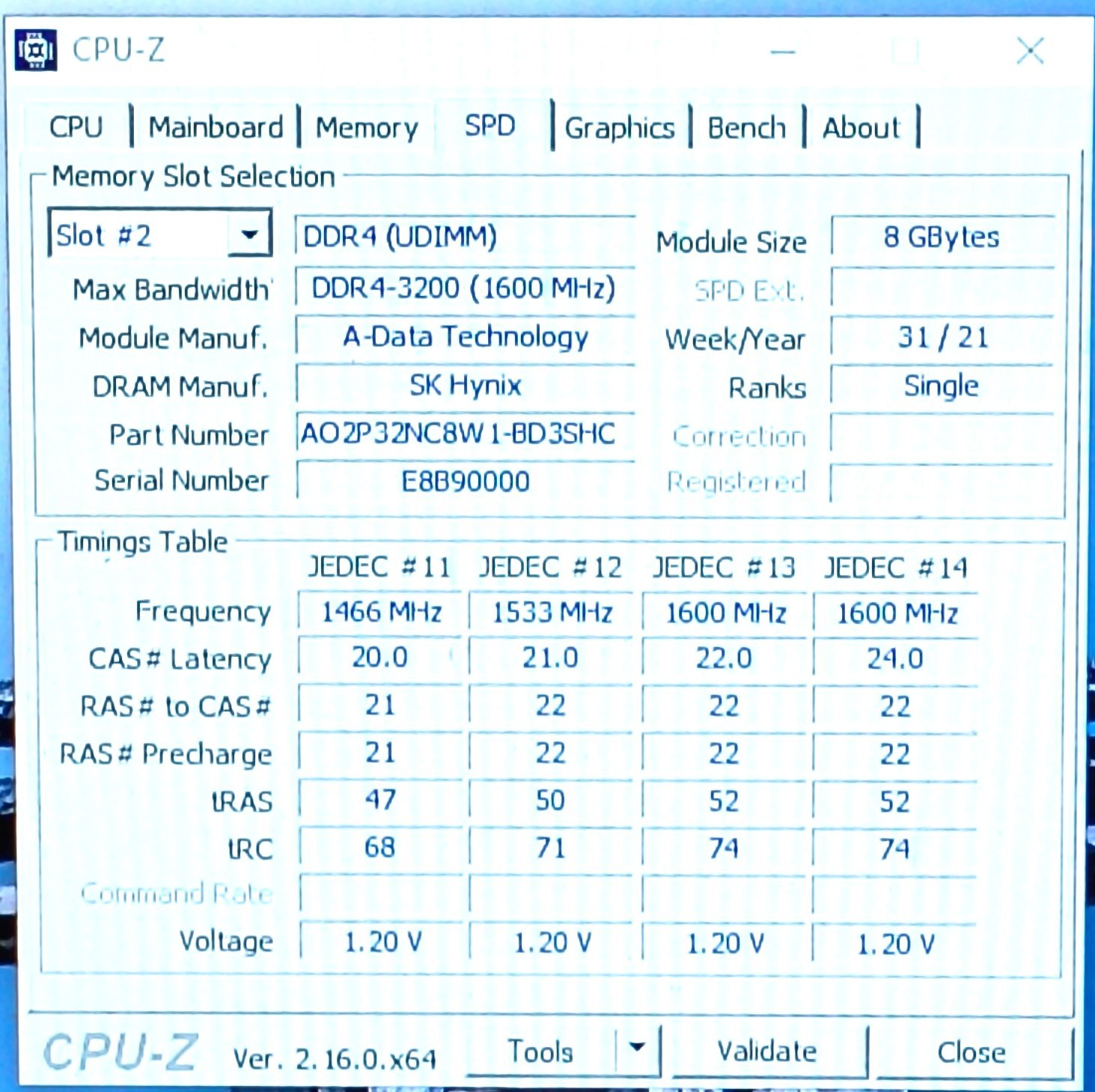ADATA AO2P32NC8W1-BD3SHC 8GB 1Rx16 PC4-3200AA-UC0-11 Desktop Memory