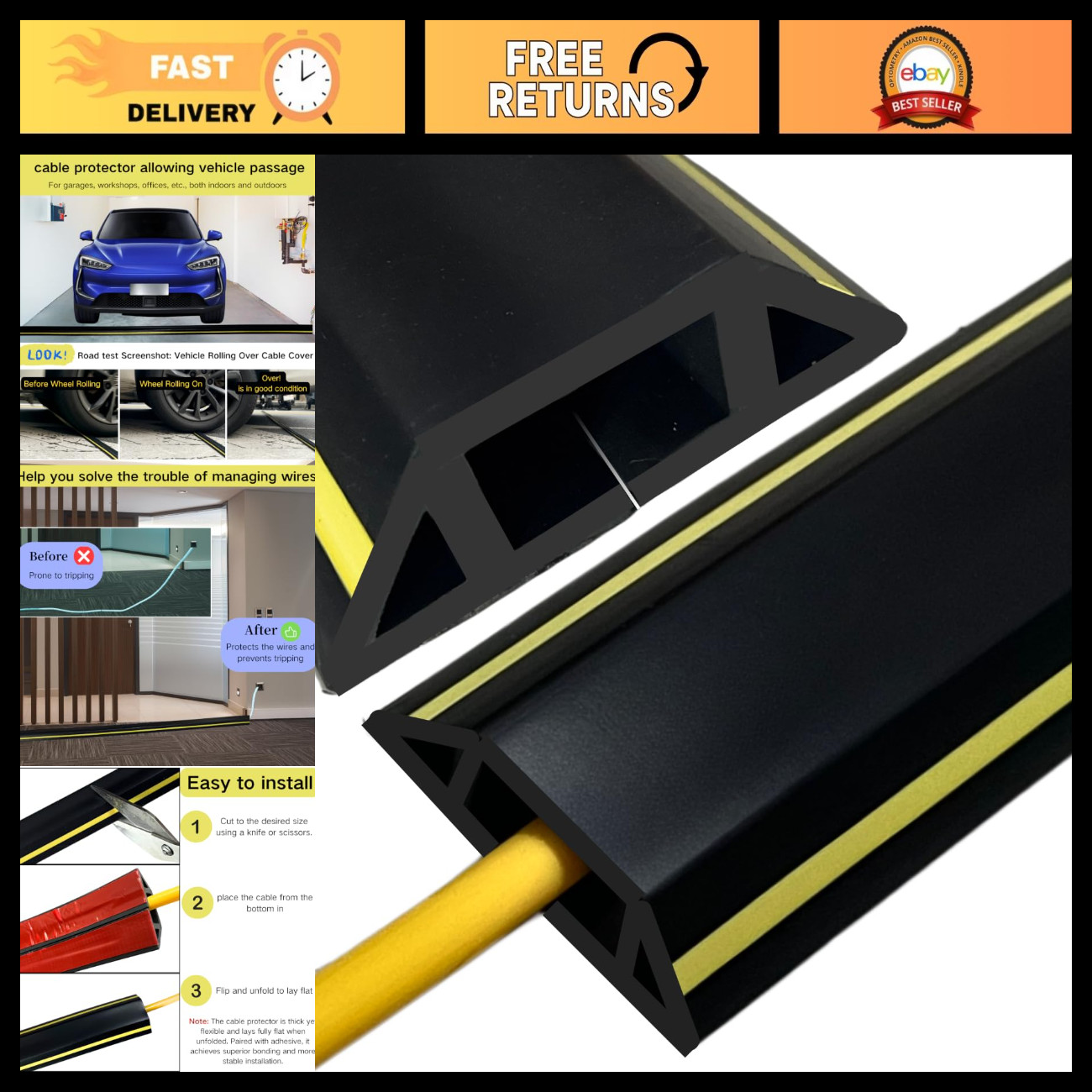 10ft Heavy Duty Floor Cord Cover - Cable Protector for Garage & Indoor/Outdoor U
