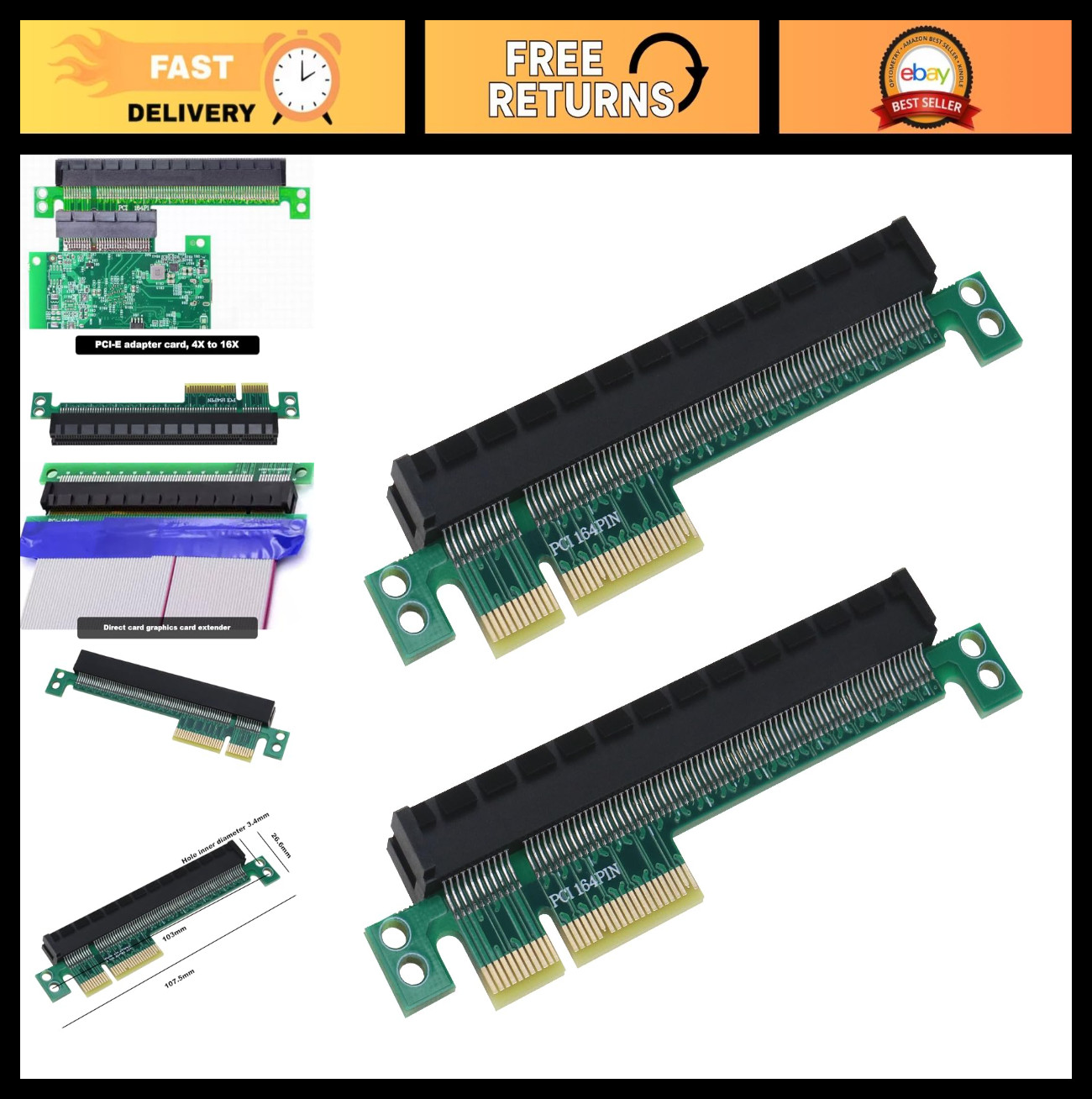 2PCS PCI-E 4X to 16X Riser Card Adapter - Male to Female Expansion Converter, Ex