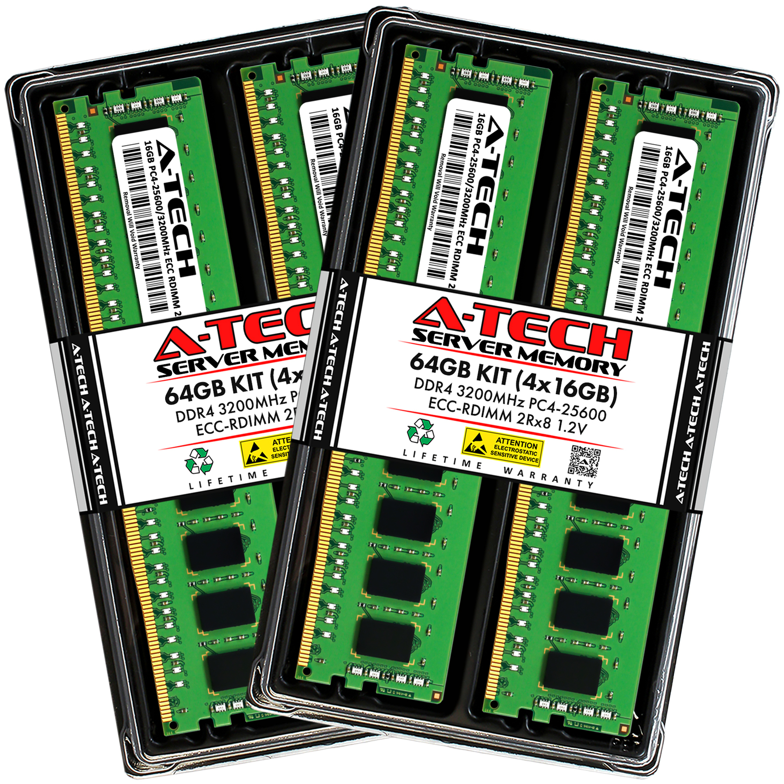 A-Tech 64GB 4x 16GB 2Rx8 PC4-25600R DDR4 3200MHz ECC REG RDIMM Server Memory RAM