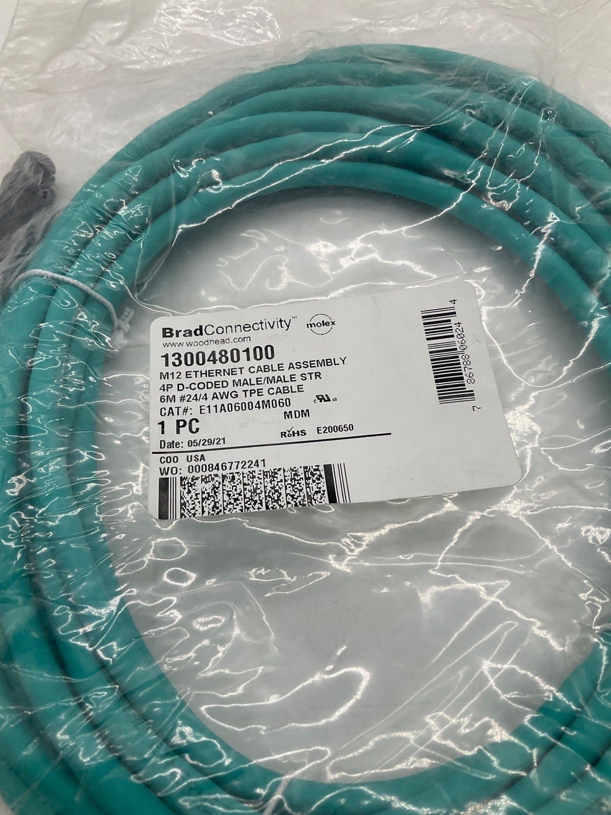 MOLEX 1300480100 M12 D-Coded Ethernet Cable 6M NEW