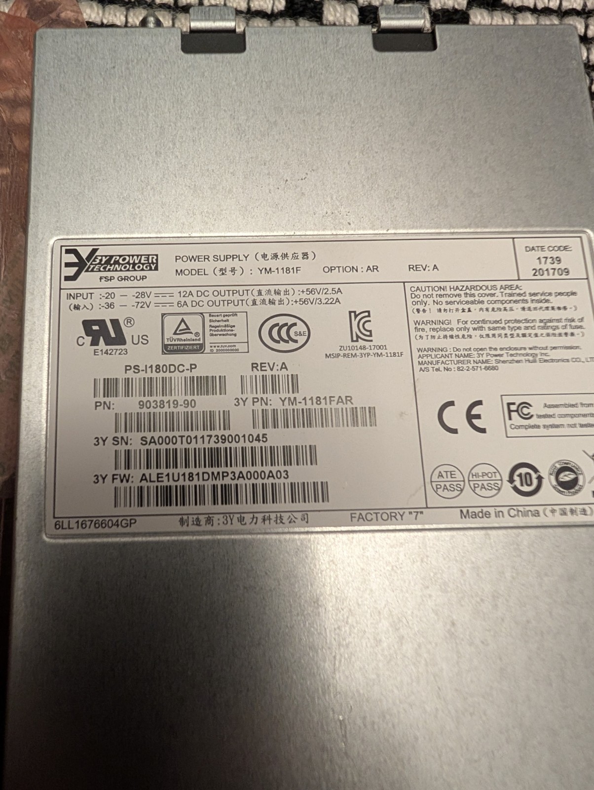 YM-1181F AR Power Supply 180W 3Y Power 903819-90 PS-I180DC-P