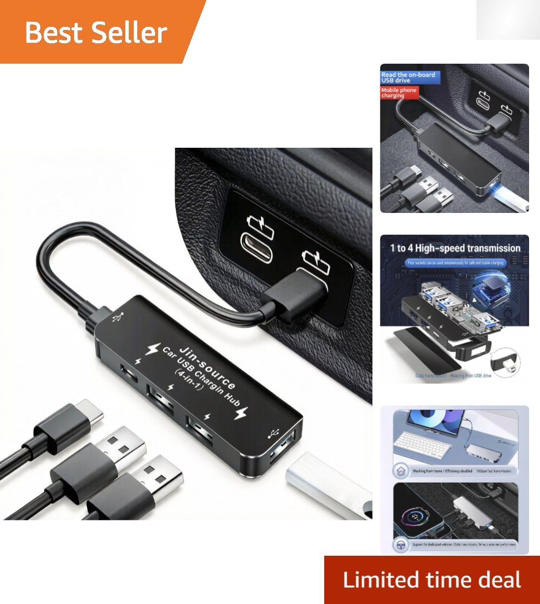 Multi-Port USB Hub for Cars: 4 Ports, Fast Charge, Includes Type-C Cables