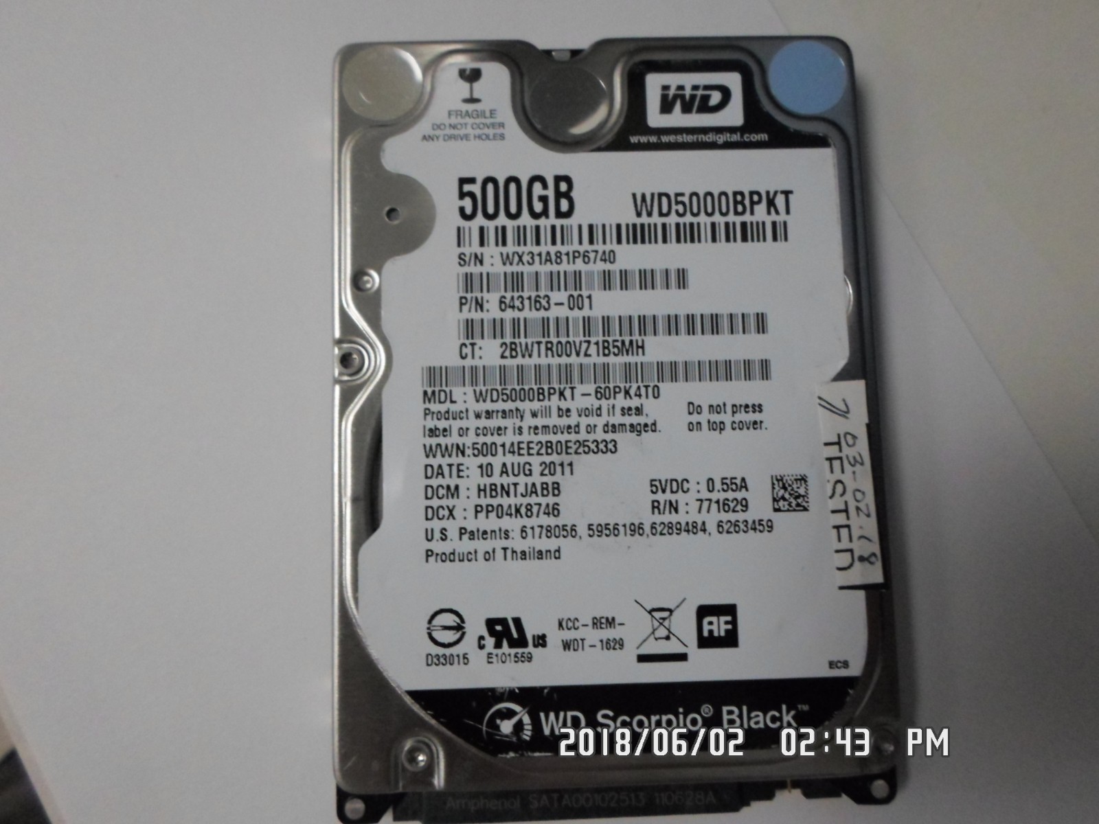 Western Digital WD5000BPKT-60PK4T0, 643163-001 HARD DRIVE 500GB SATA 2.5 TESTED