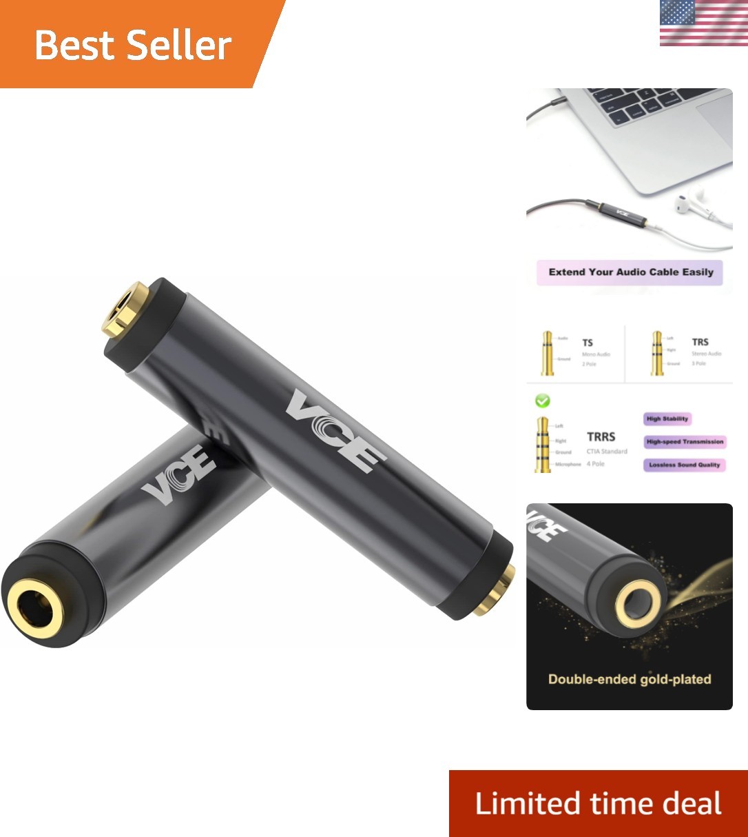 Compact 3.5mm Female Audio Adapters - Gold Plated for Zero Interference, 2 Pack