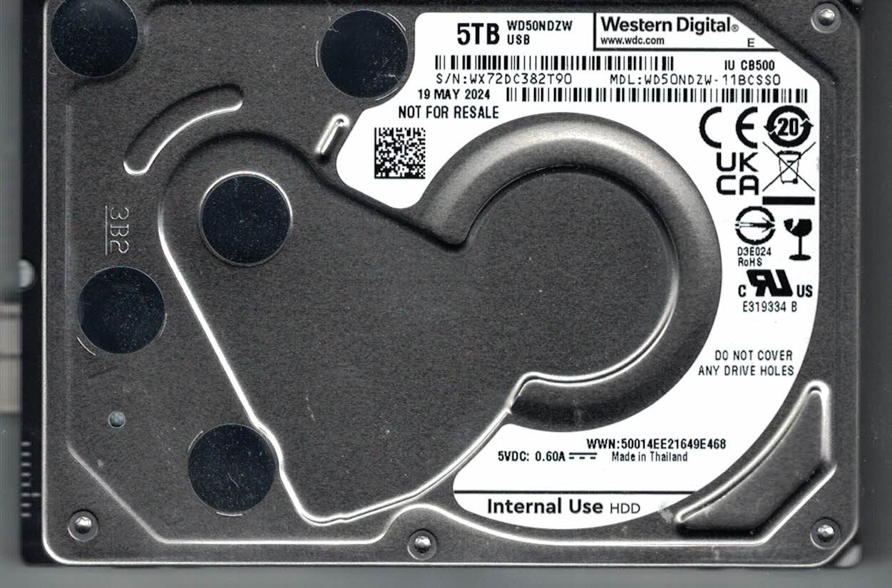 Wester Digtal WD50NDZW-11BCSS0 s/n: WX72D 19th MAY/2024  Thailand 5TB