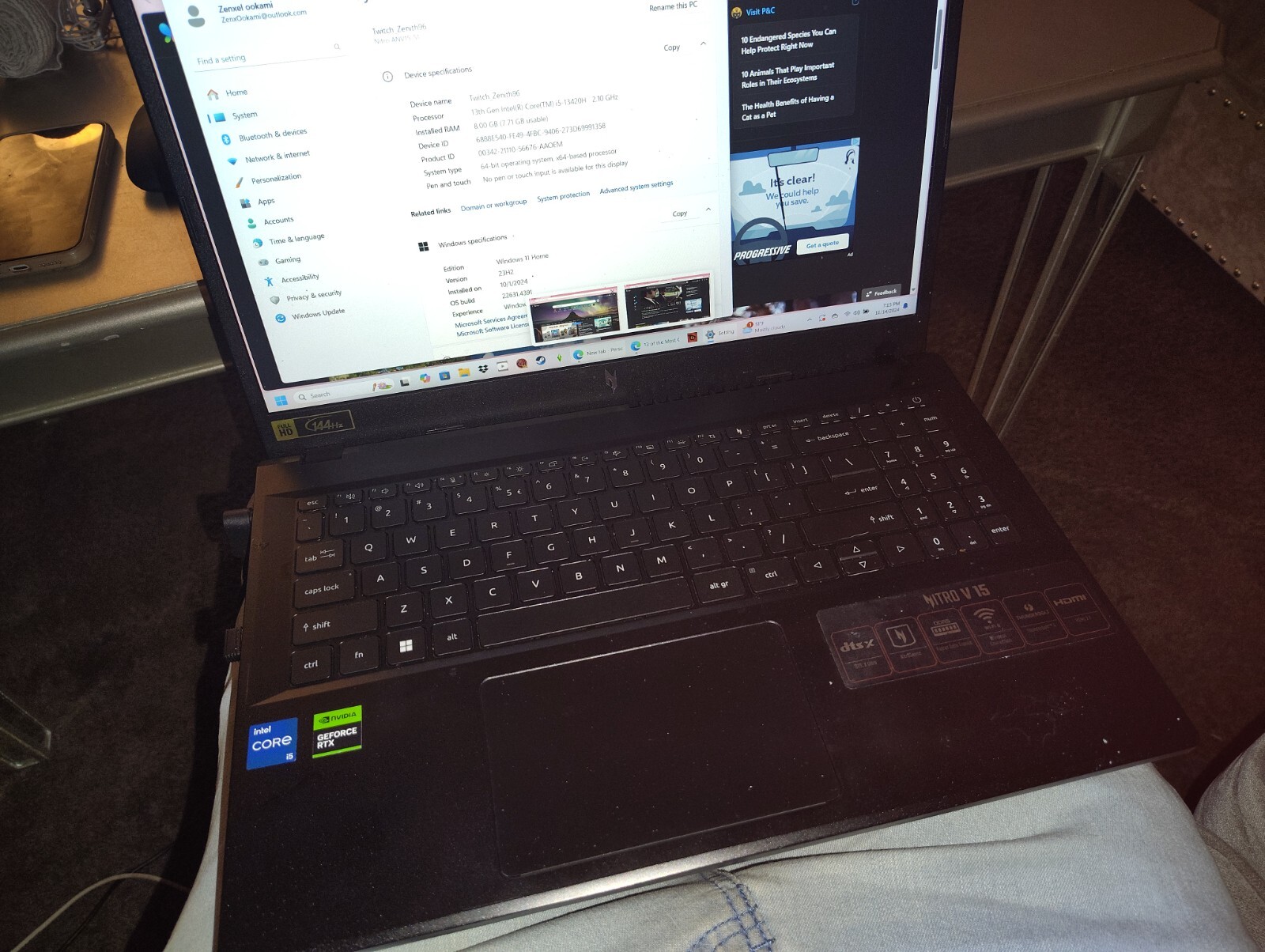 Acer  Nitro V 15 , Version 23H2, Installed 10/1/24, 8.00GB Ram  Windows 11 