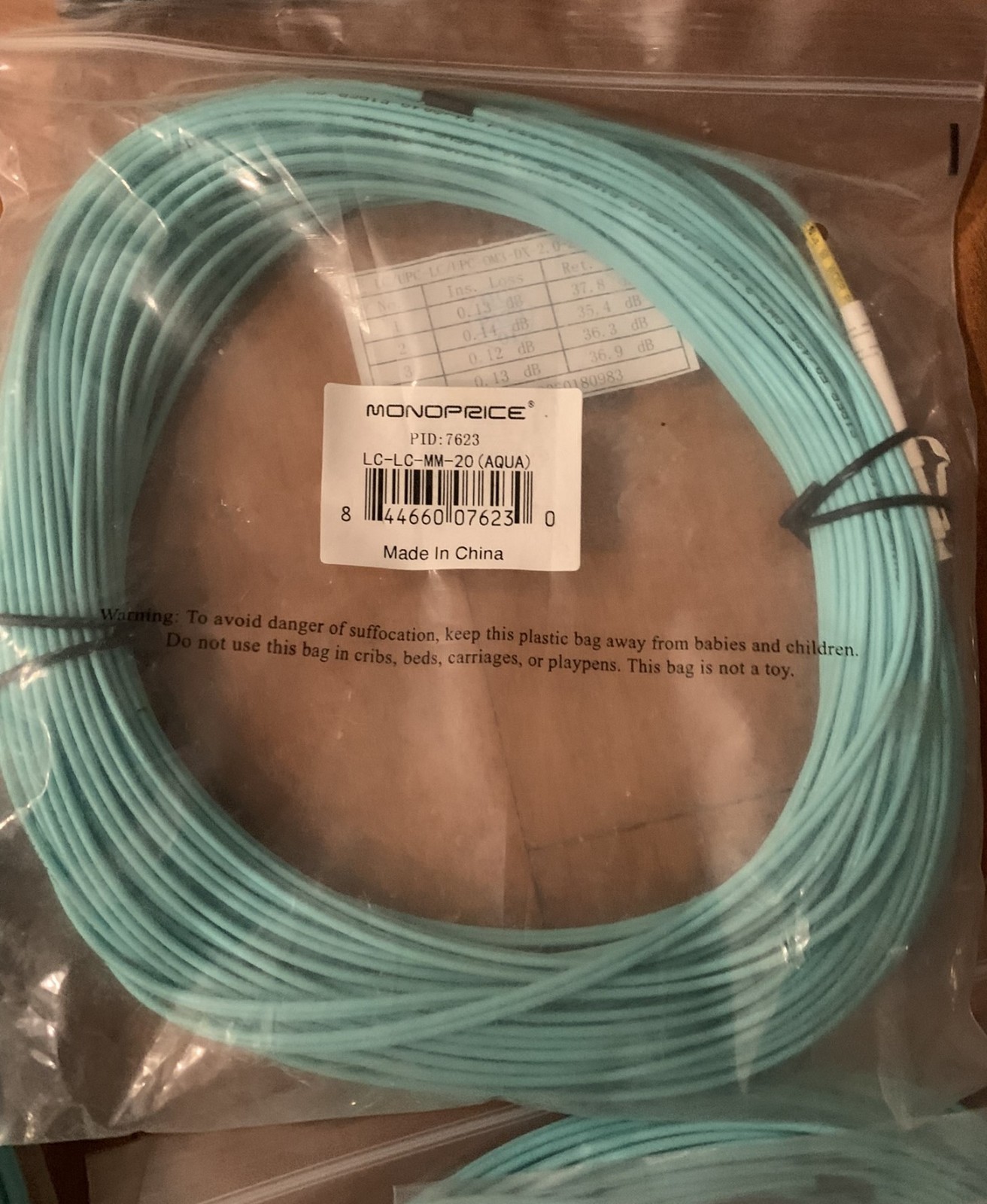 Monoprice LC-LC-MM-20 Network 20 Meter Aqua LC/LC Multimode Fiber Patch Cable
