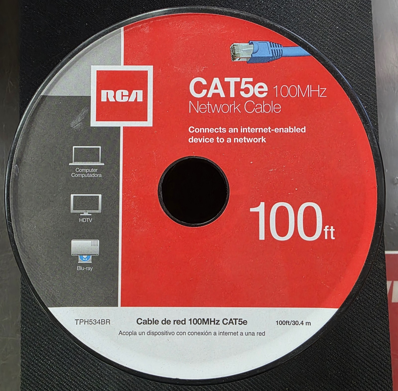 RCA TPH534BR Cat 5e Ethernet Cable 100 ft Blue RJ45 High Speed Network