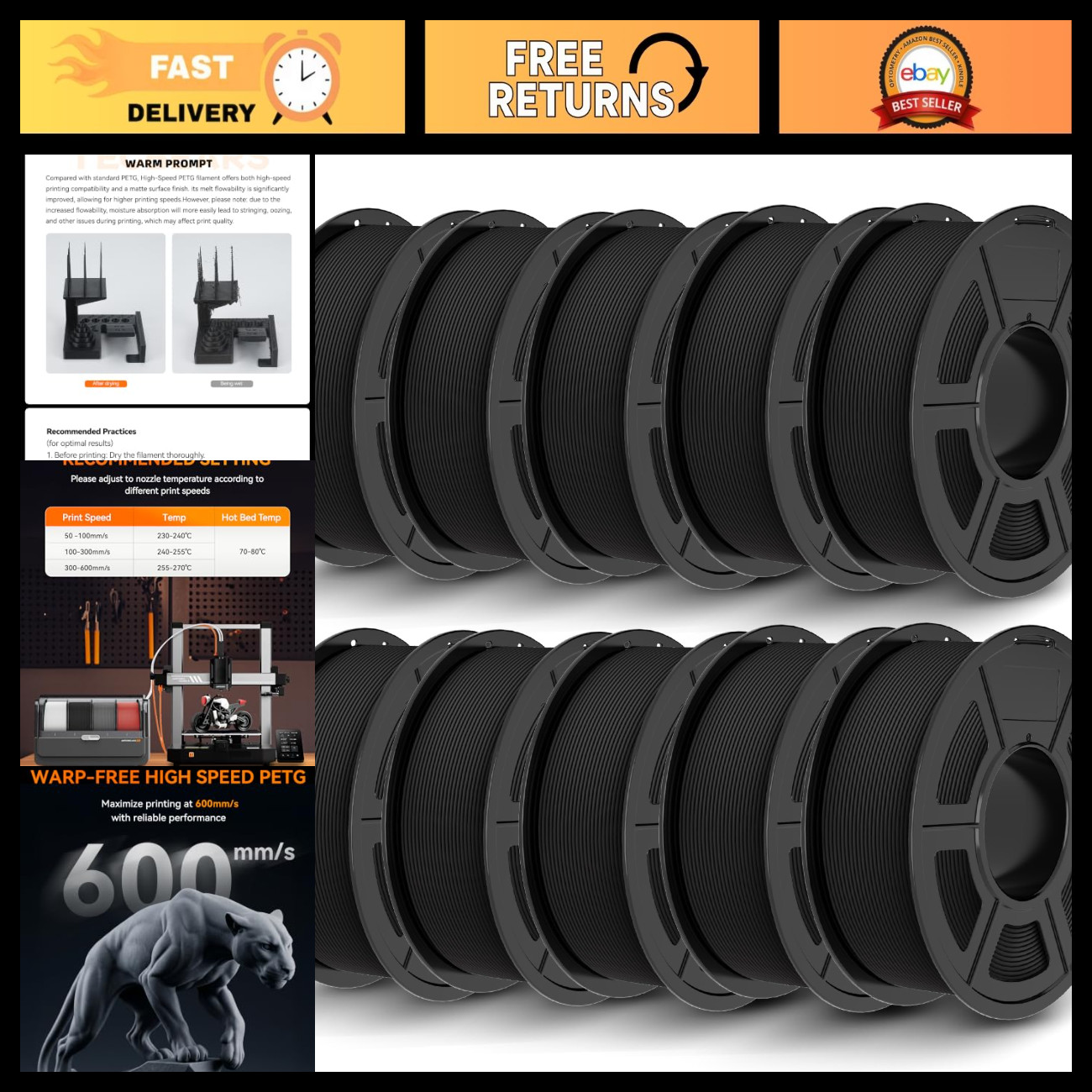 High-Quality PETG Filament 1.75mm, 10kg Bundle, Black - Ideal for 3D Printing