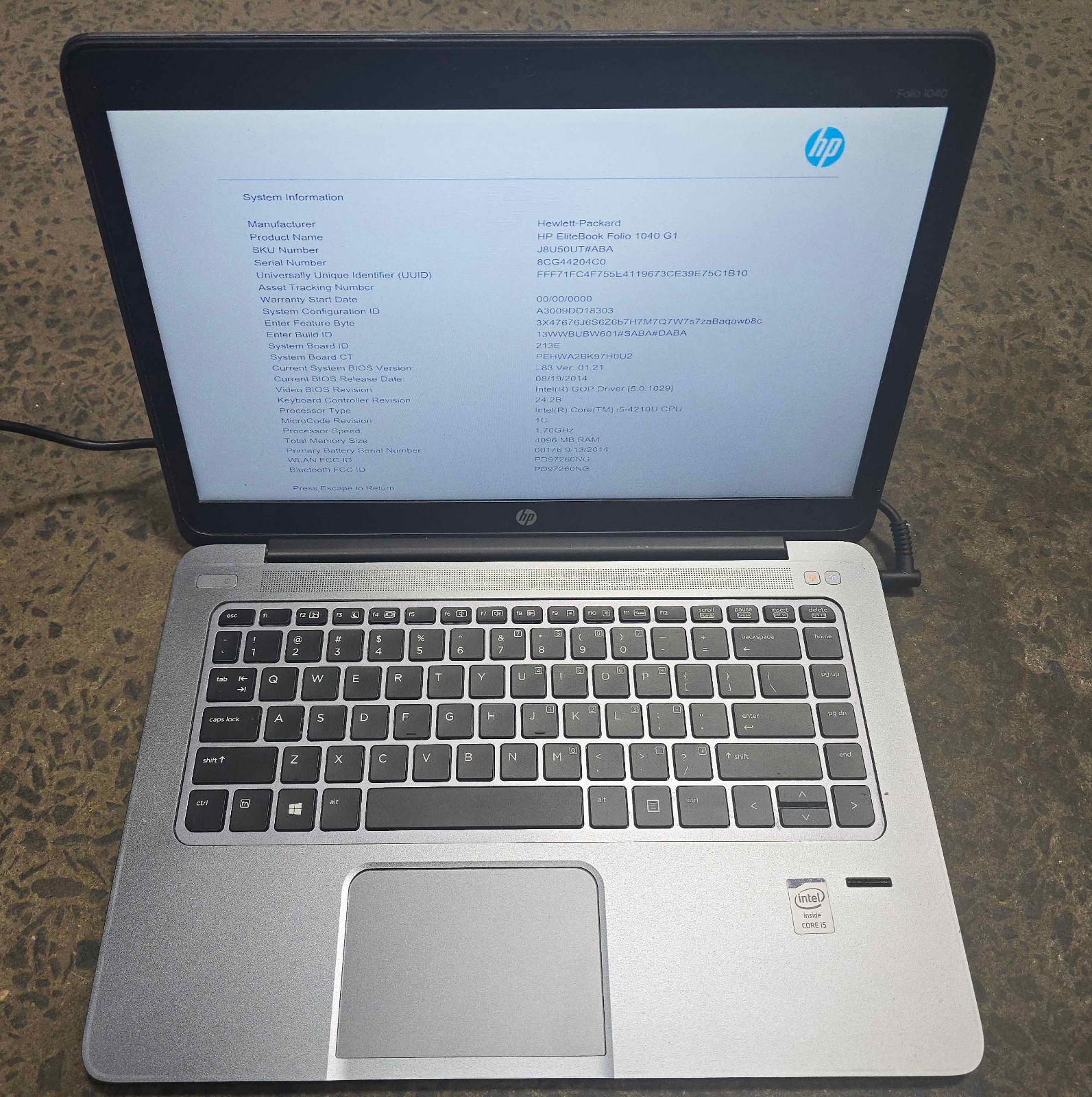 HP Elitebook folio 1040 G1, 4GB Ram, INTEL I5-4210U CPU, NO SSD/HDD, NO OS