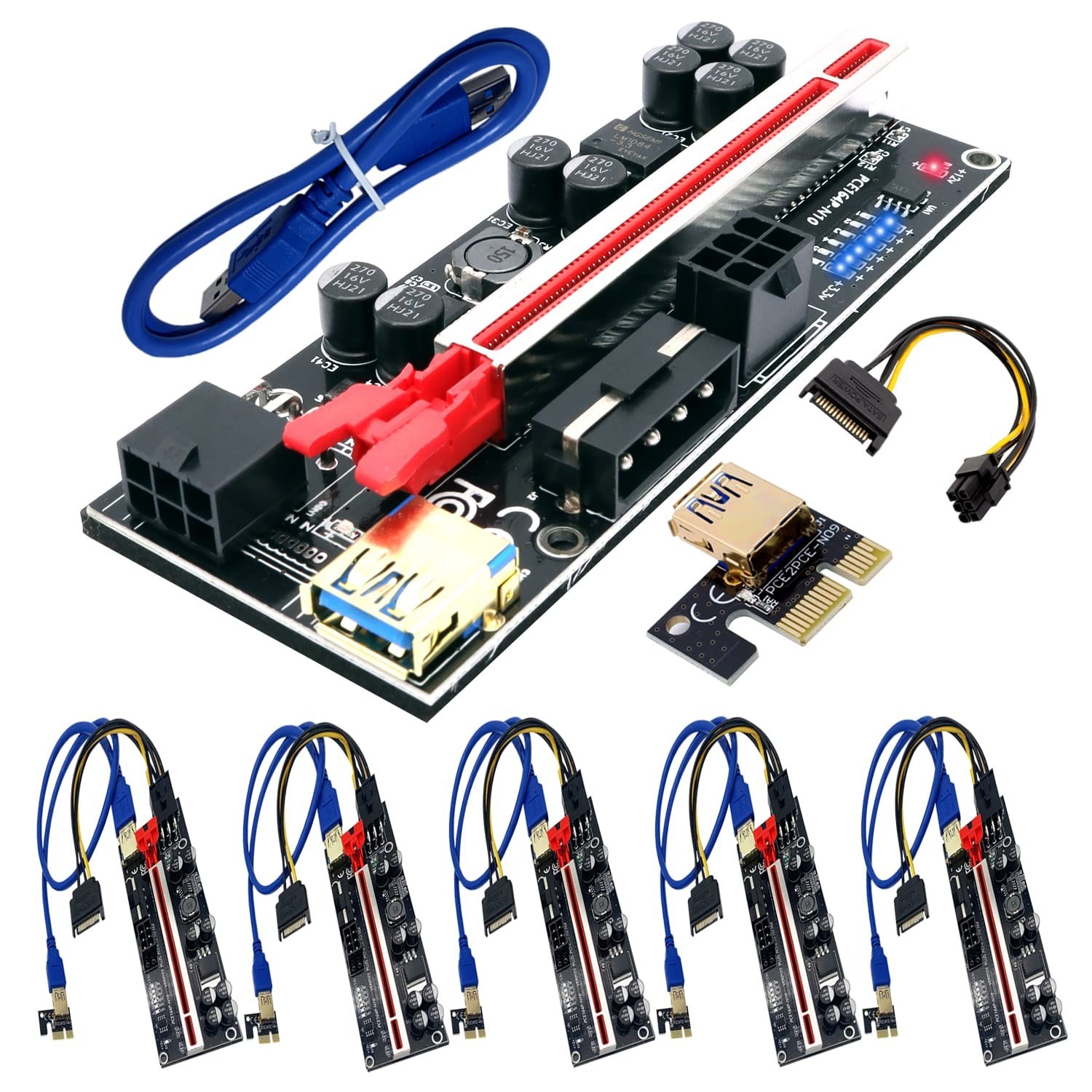 6 Pack PCIe Riser VER 010S GPU Adapter with 8 Solid Capacitors