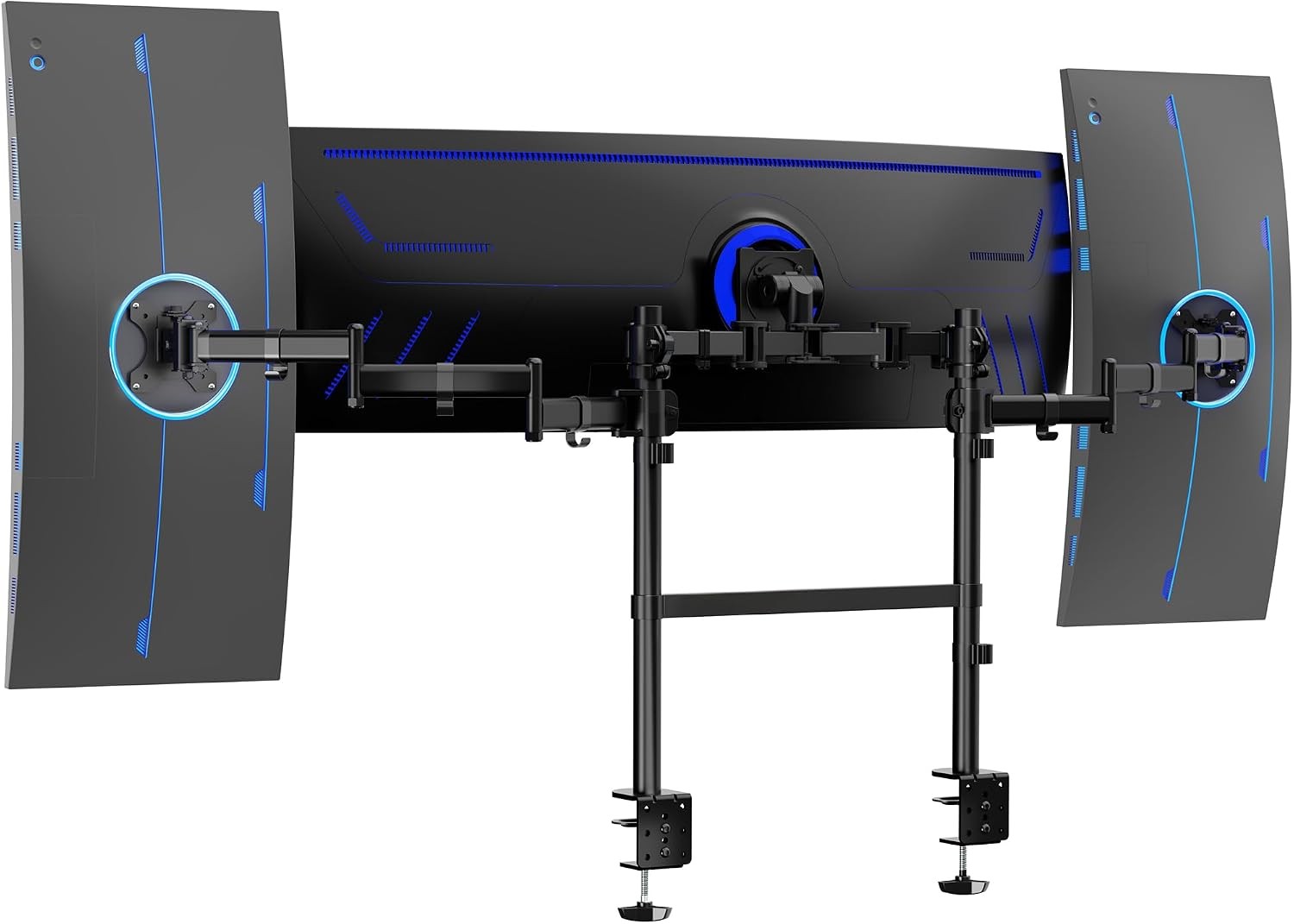 Clamp-on Dual Pole Triple Monitor Desk Mount for 1 Center Utrawide up to 49 in