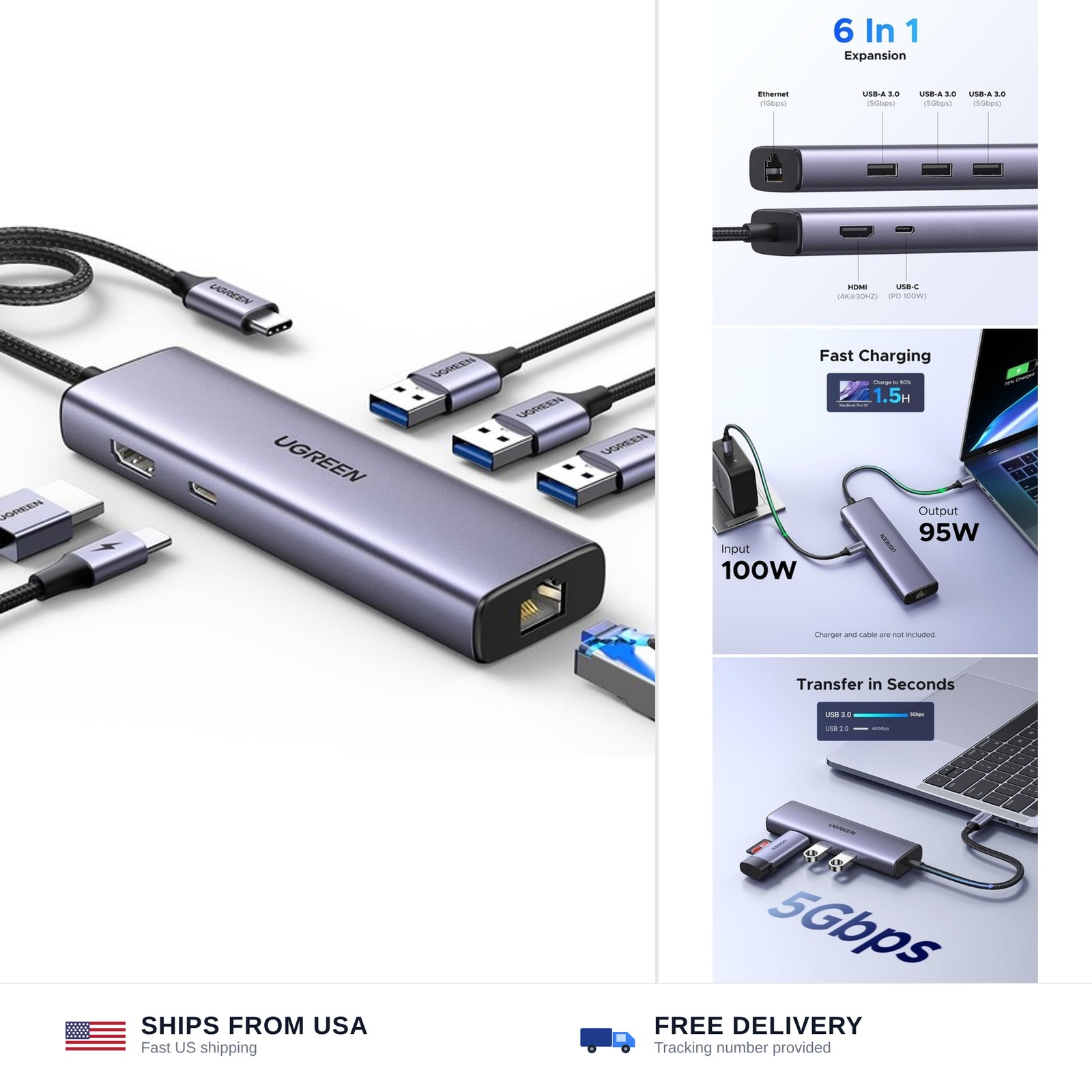 UGREEN USB C hub 6 in 1 4K HDMI gigabit ethernet PD 100W 3x USB-A grey