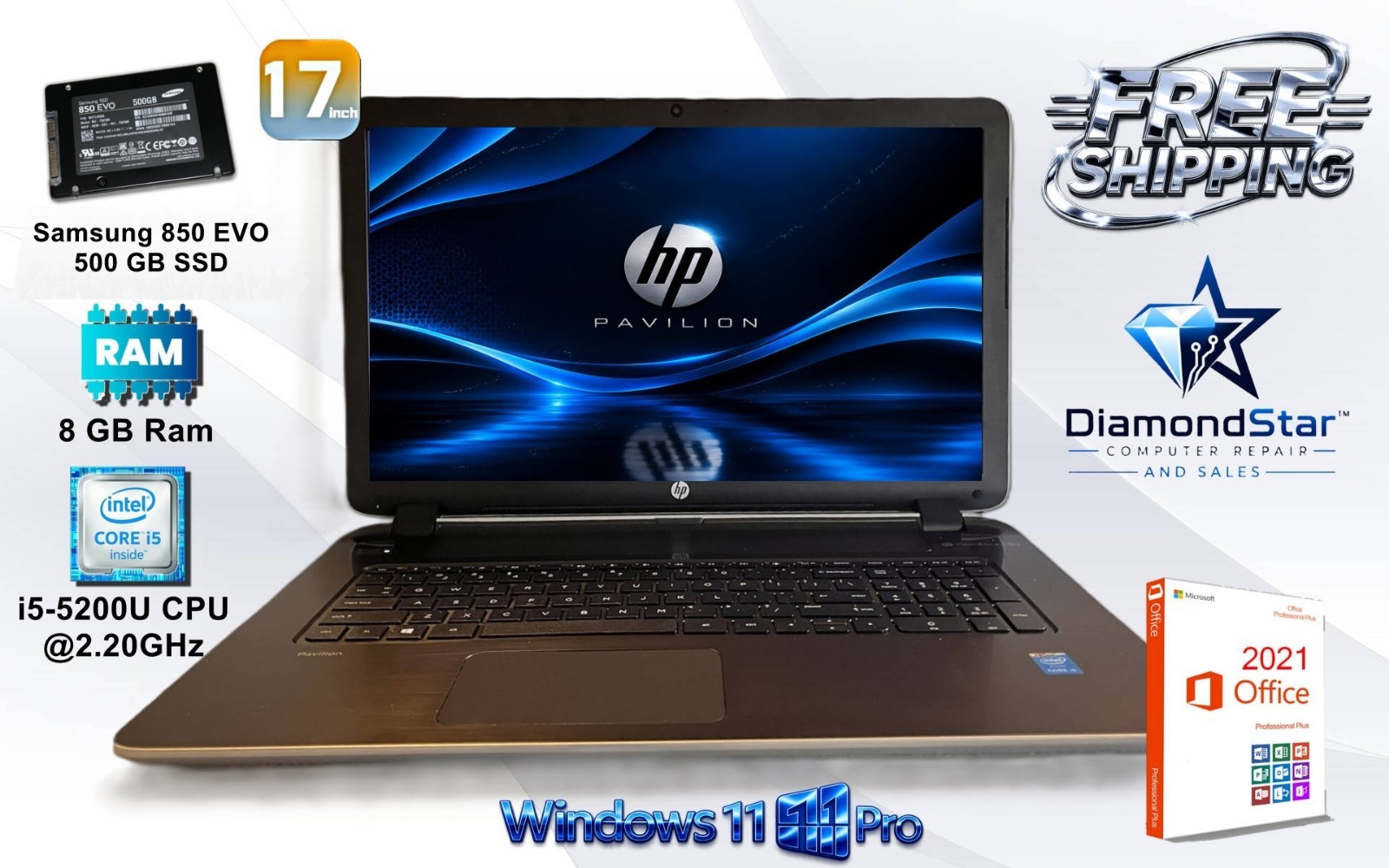 HP Pavillion 17" i5@2.20GHz 8GB RAM 500SSD Win 11 Pro MS Office Pro AC & Battery