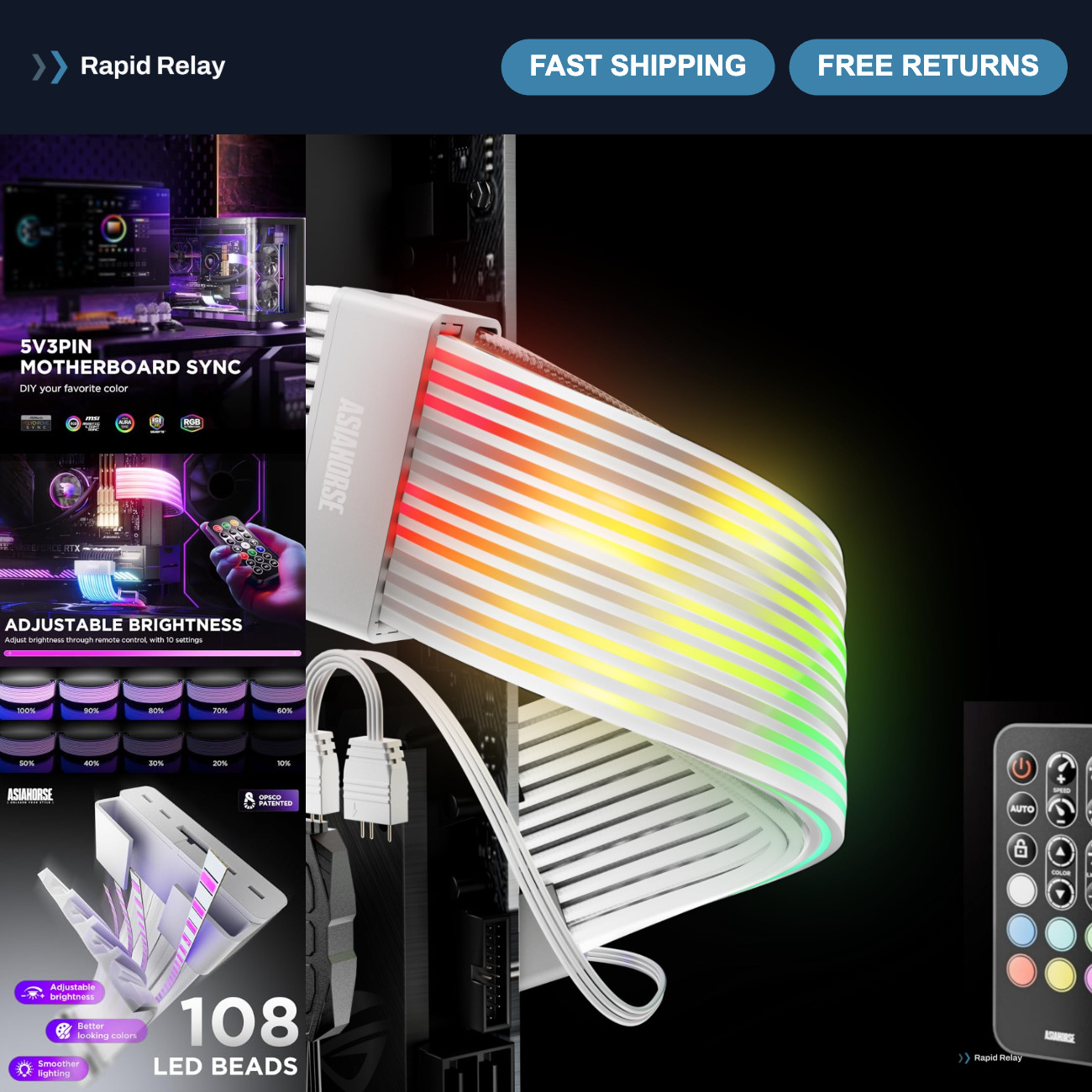 RGB Cable Cover with 108 Addressable LEDs, ARGB Sync for Motherboard & GPU, 5V 3